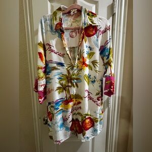 Vibrant Tropical Print Button Down Coverup